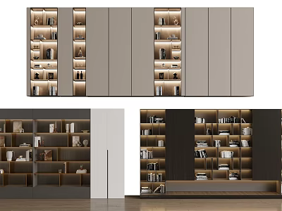 Modern Bookcase Design With Open Shelves Closed Cabinets And LED Lighting 3d model