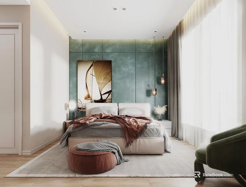 Modern Bedroom Interior With Green Wall Panels Artwork Above Bed Cozy Bedding And Green Armchair 3d model 