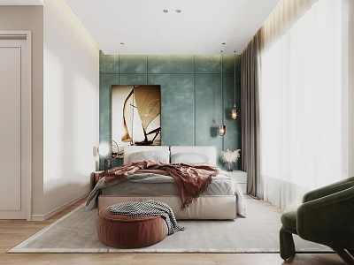 Modern Bedroom Interior With Green Wall Panels Artwork Above Bed Cozy Bedding And Green Armchair 3d model