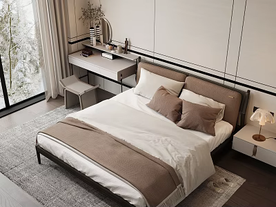 Modern Bedroom Interior With Large Bed Nightstand Table Lamp Window Curtains Area Rug Desk Chair 3d model