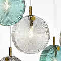Modern Chandelier with Spherical Glass Shades in Green and Transparent Tones and Brass Hanging Structure