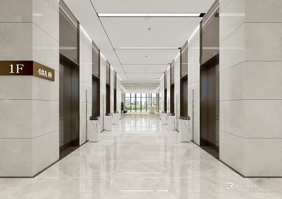 Modern Elevator Lobby with Marble Flooring Sleek Doors Clear Signage Bright Lighting Spacious Clean Interior 3d model