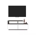 Modern TV Stand with Mounted TV Above Storage Cabinets and Decorative Accents