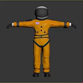 Man Wearing Yellow Spacesuit With Helmet Standing In Arms Outstretched Pose