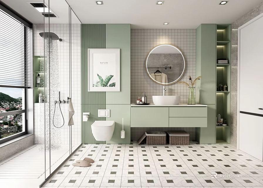 Modern Green Bathroom Interior Design With Round Mirror Vanity Toilet And Tile Floor 3d model 