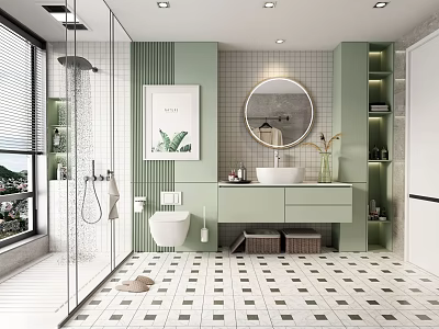 Modern Green Bathroom Interior Design With Round Mirror Vanity Toilet And Tile Floor 3d model