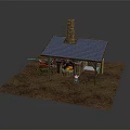 Rustic Hut With Blue Roof Chimney And Burning Fireplace Wooden Table Chairs On Dirt Ground