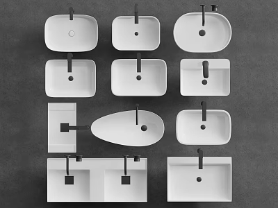 Various White Bathroom Sinks With Different Shapes And Designs And Black Faucets On Grey Background 3d model