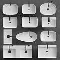 Various White Bathroom Sinks With Different Shapes And Designs And Black Faucets On Grey Background