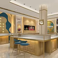 Modern Luxury Jewelry Store Interior With Golden Counters Chandelier Ceiling And Display Showcases