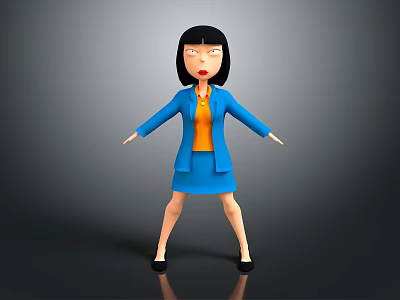 Cartoon Style Female Game Movie Character With Blue Blazer Orange Top And Short Black Hair 3d model