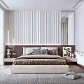 Modern Bedroom Interior With Striped Headboard Wall Bed Rug Nightstands Dresser And Curtains