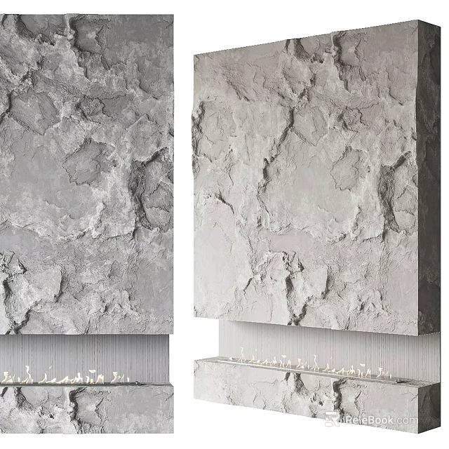 Gray Textured Stone Fireplace Design With Modern Style And Natural Surface 3d model