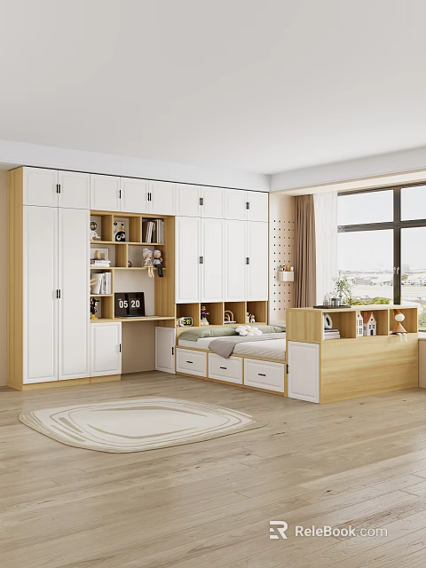 Modern Tatami Bedroom Interior With Built in Storage Cabinets Bookshelf Window And Wooden Flooring 3d model 