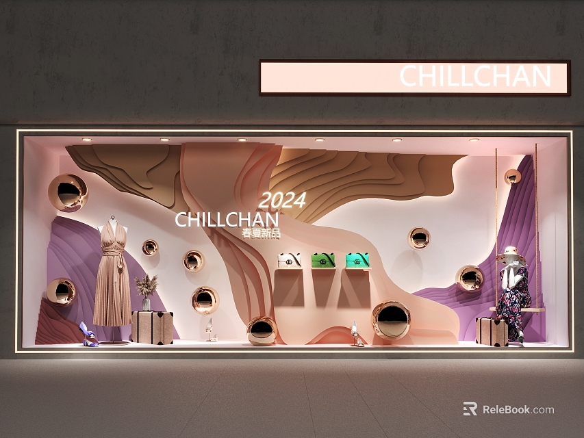 CHILLCHAN 2024 Fashion Shop Window With Dress Gems Purple Beige Decorations 3d model 