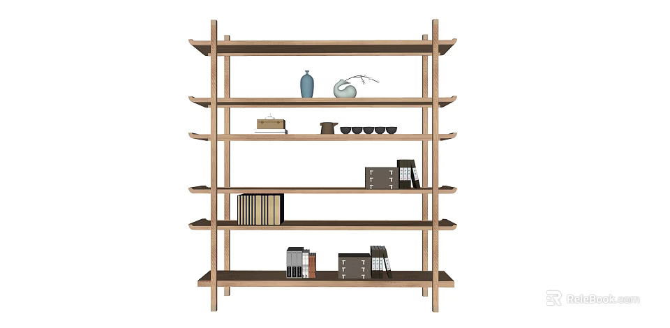 Modern Wooden Etagere With Decorative Vase Teacups Books And Storage Boxes 3d model 