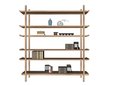 Modern Wooden Etagere With Decorative Vase Teacups Books And Storage Boxes 3d model