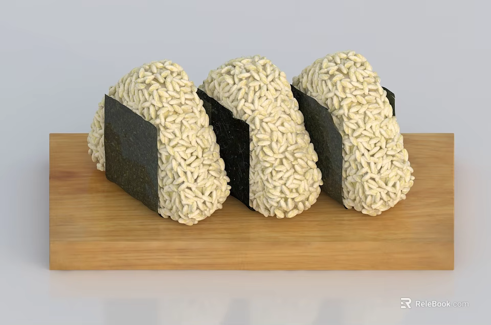Three Sushi Shaped Rolls Made With Instant Noodles On Wooden Board 3d model 