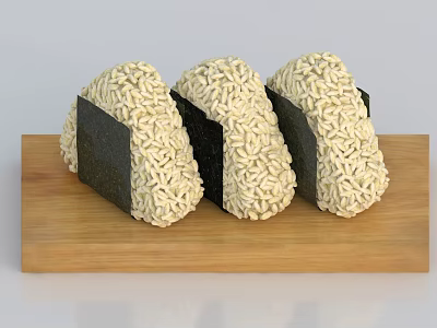 Three Sushi Shaped Rolls Made With Instant Noodles On Wooden Board 3d model