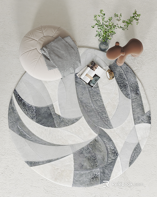 Round Gray White Geometric Rug With Cushion Stuffed Toy Book And Plant For Cozy Home 3d model 