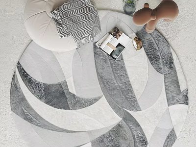 Round Gray White Geometric Rug With Cushion Stuffed Toy Book And Plant For Cozy Home 3d model