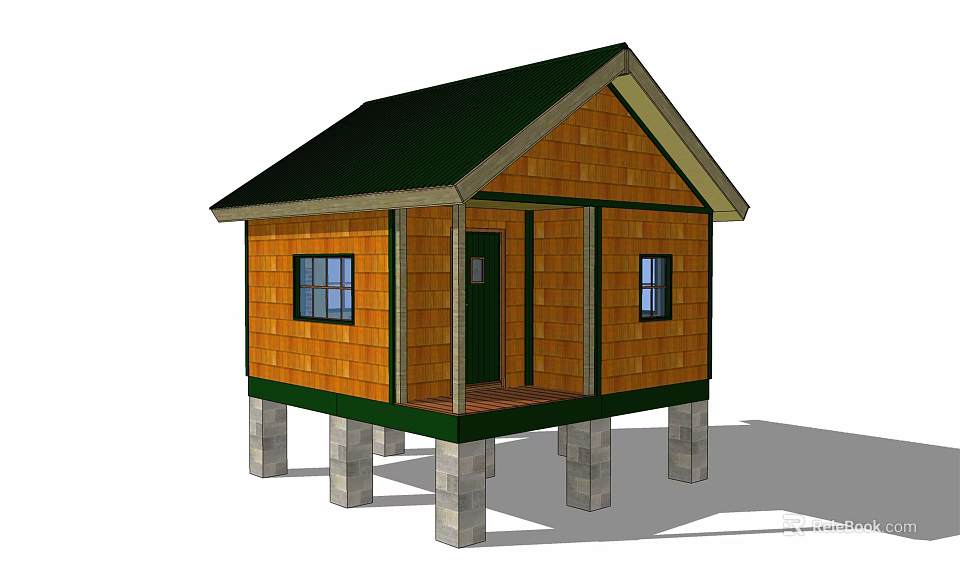 Cabin Guest House With Green Roof Wooden Walls Front Porch And Pillar Supports 3d model 