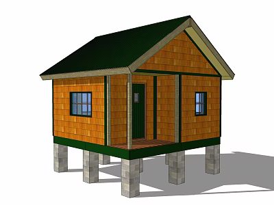 Cabin Guest House With Green Roof Wooden Walls Front Porch And Pillar Supports 3d model