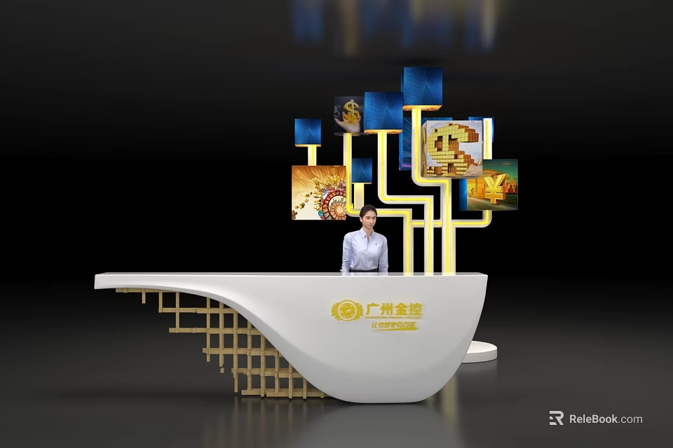 Modern Reception Desk With Curved White Design And Digital Display Screens 3d model 