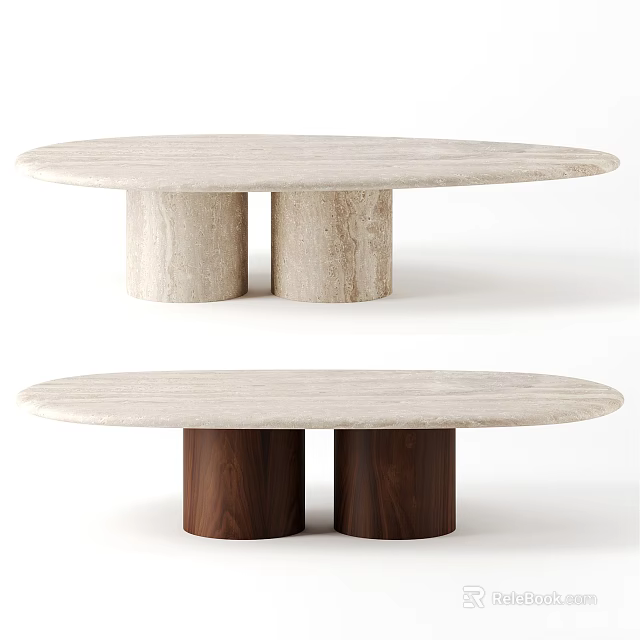 Elegant oval coffee table with marble top and two cylindrical bases in light and walnut 3d model 