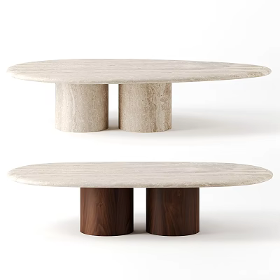 Elegant oval coffee table with marble top and two cylindrical bases in light and walnut 3d model