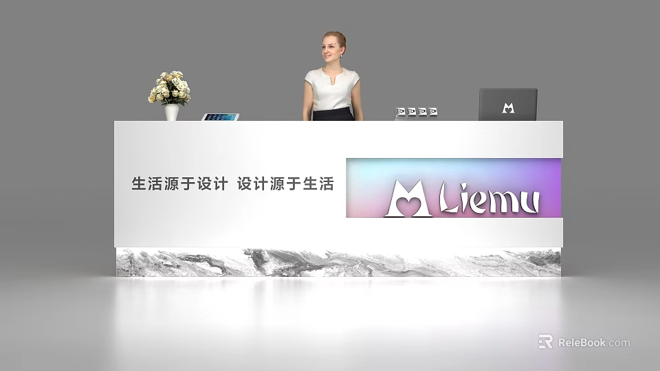 Modern Reception Desk with Female Receptionist Flower Vase Tablet Laptop Liemu Logo and Mountain Pattern 3d model 