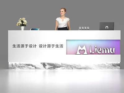 Modern Reception Desk with Female Receptionist Flower Vase Tablet Laptop Liemu Logo and Mountain Pattern 3d model