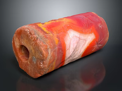 Natural Cylindrical Stone With Vibrant Red Orange Yellow White Patterns And Central Hole 3d model