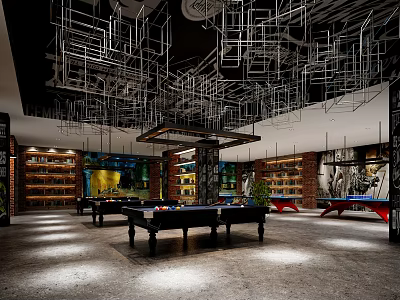 Modern Billiard Room Interior With Multiple Pool Tables Hanging Metal Structures And Brick Walls 3d model