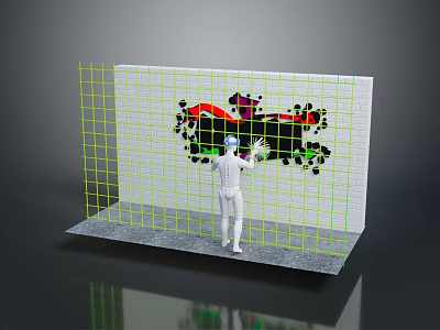 Human Figure With Blue Headgear Interacting With Colorful Biological Patterns On Wall Grid Framework 3d model