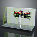 Human Figure With Blue Headgear Interacting With Colorful Biological Patterns On Wall Grid Framework
