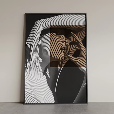 Abstract Figurative Painting With Black White Stripes Brown Geometric Patterns Arms Facial Contours And Hands 3d model
