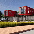 Red Container Building With Modular Design Glass Windows And Green Landscaping 3d model