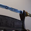 Traditional Chinese Sword With Intricate Carvings And Golden Handle On Wooden Display Stand