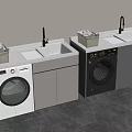 White and Black Washing Machines With Sink and Laundry Basket in Laundry Room Cabinets