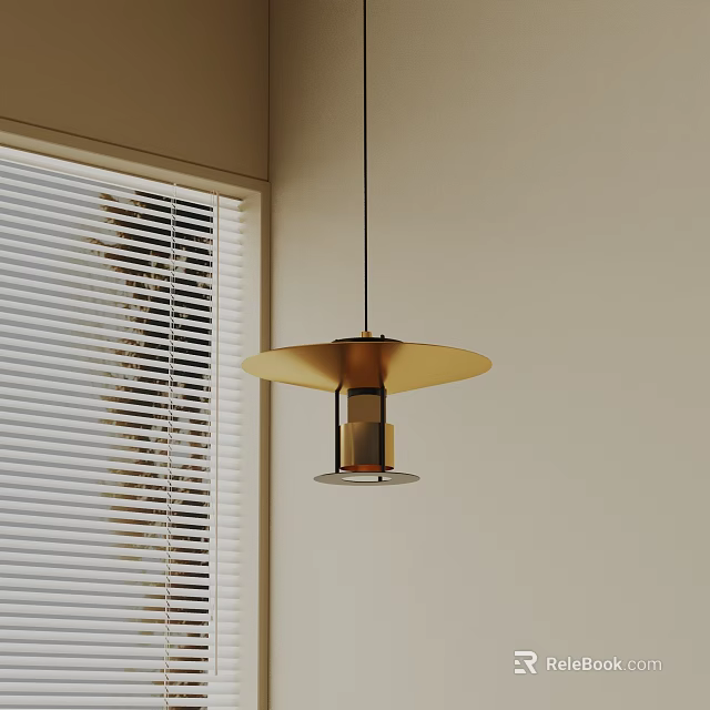 Modern Minimalist Chandelier With Brass Disc Design Hanging By Window With Blinds 3d model 