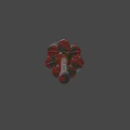 Weapon Hammer With Multiple Red Barrel Shaped Heads And Worn Wooden Handle