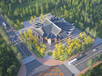 Traditional Chinese Architecture Aerial View With Green Trees Road And Garden Landscape 3d model