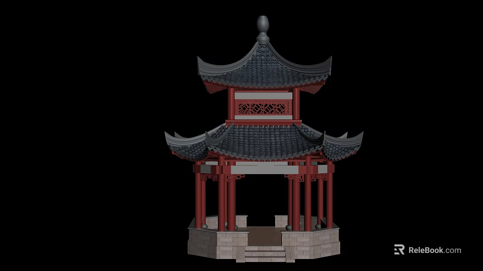 Traditional Ancient Chinese Pavilion Featuring Multi tiered Black Tiled Roof Red Pillars And Carved Windows 3d model 