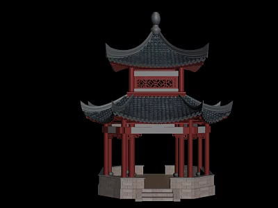 Traditional Ancient Chinese Pavilion Featuring Multi tiered Black Tiled Roof Red Pillars And Carved Windows 3d model