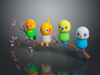 Four Colorful Game Movie Characters Perched on Branch with Pink Blossoms and Reflections 3d model