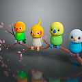 Four Colorful Game Movie Characters Perched on Branch with Pink Blossoms and Reflections