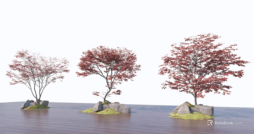Red Leaf Trees with Stones and Green Grass on Wooden Floor Against White Background 3d model 