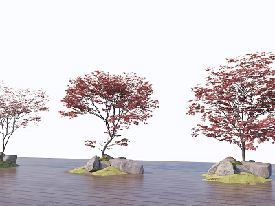 Red Leaf Trees with Stones and Green Grass on Wooden Floor Against White Background 3d model