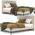 Modern Double Bed Design With Beige Headboard Brown Blanket And Pillows 3d model